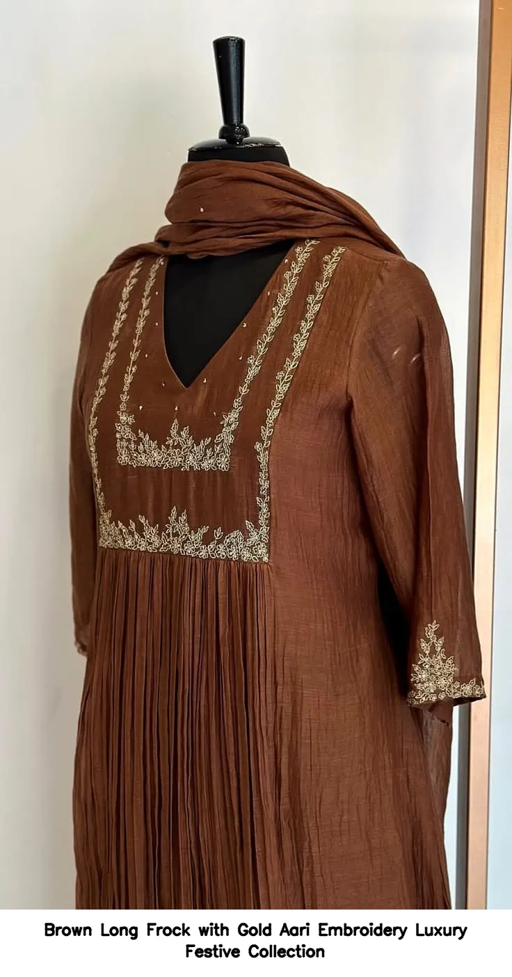 Brown Long Frock with Gold Aari Embroidery – Luxury Festive Collection