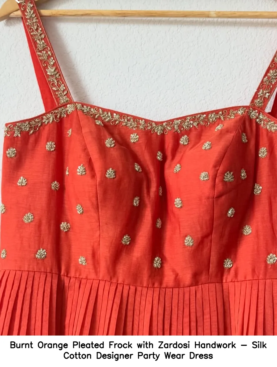 Burnt Orange Pleated Frock with Zardosi Handwork - Silk Cotton Designer Party Wear Dress - Image 2