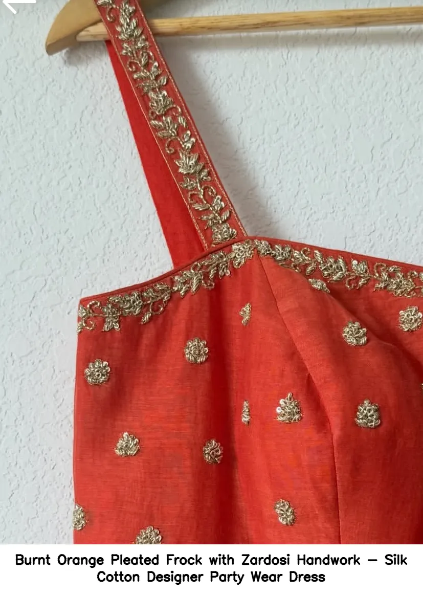 Burnt Orange Pleated Frock with Zardosi Handwork - Silk Cotton Designer Party Wear Dress - Image 3