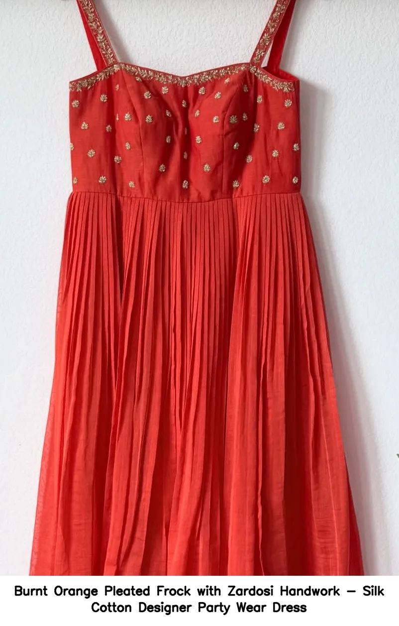 Burnt Orange Pleated Frock with Zardosi Handwork - Silk Cotton Designer Party Wear Dress - Image 4
