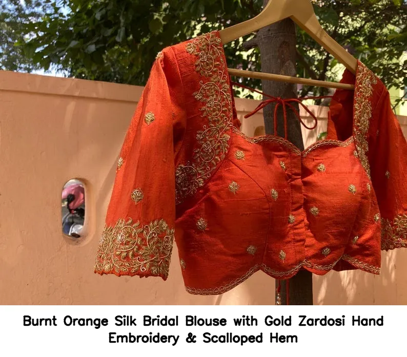 Burnt Orange Silk Bridal Blouse with Gold Zardosi Hand Embroidery & Scalloped Hem