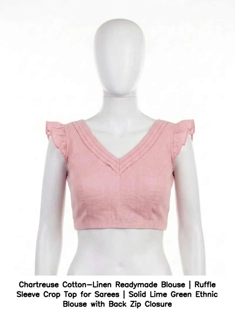 Chartreuse Cotton-Linen Readymade Blouse | Ruffle Sleeve Crop Top for Sarees | Solid Lime Green Ethnic Blouse with Back Zip Closure