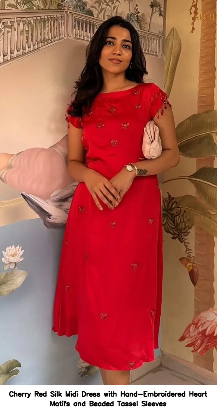 Cherry Red Silk Midi Dress with Hand-Embroidered Heart Motifs and Beaded Tassel Sleeves