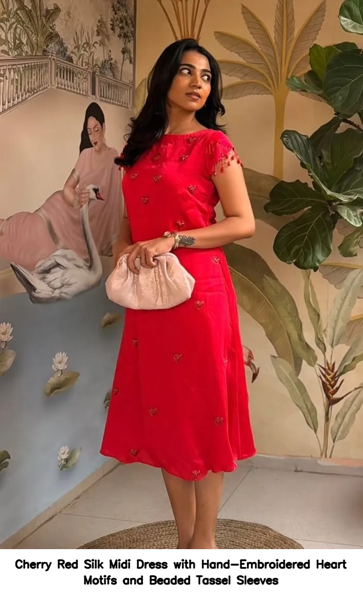 Cherry Red Silk Midi Dress with Hand-Embroidered Heart Motifs and Beaded Tassel Sleeves - Image 2