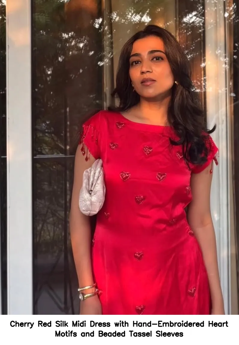 Cherry Red Silk Midi Dress with Hand-Embroidered Heart Motifs and Beaded Tassel Sleeves - Image 3