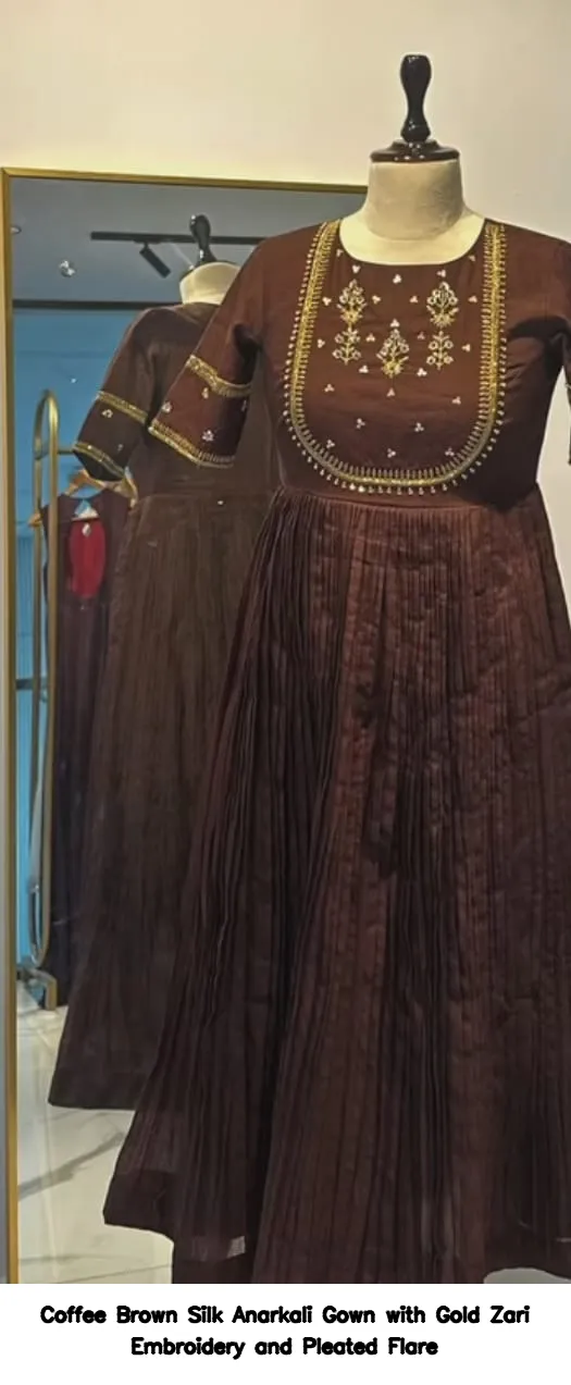 Coffee Brown Silk Anarkali Gown with Gold Zari Embroidery and Pleated Flare