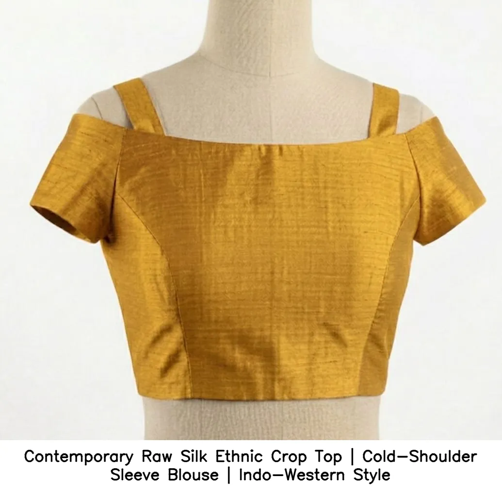 Contemporary Raw Silk Ethnic Crop Top | Cold-Shoulder Sleeve Blouse | Indo-Western Style - Image 3