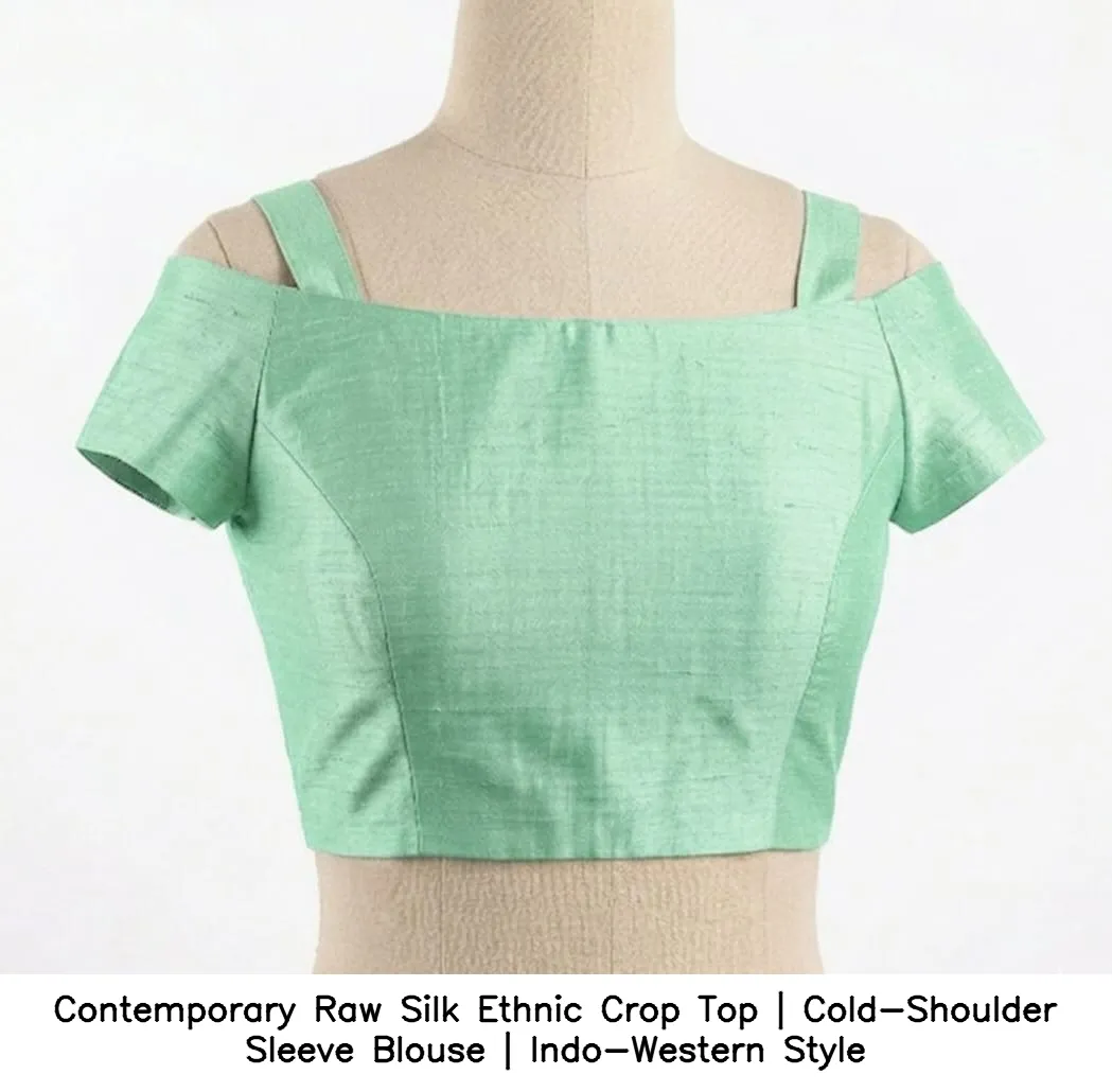 Contemporary Raw Silk Ethnic Crop Top | Cold-Shoulder Sleeve Blouse | Indo-Western Style - Image 5