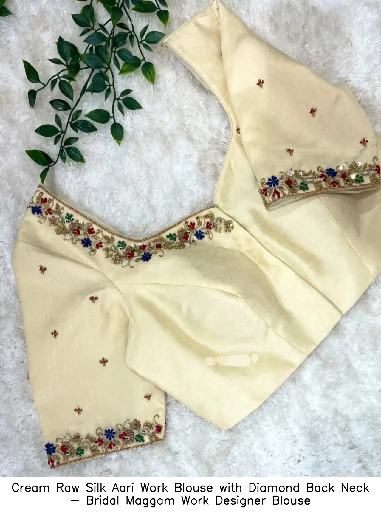 Cream Raw Silk Aari Work Blouse with Diamond Back Neck - Bridal Maggam Work Designer Blouse