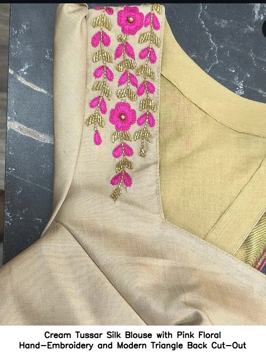 Cream Tussar Silk Blouse with Pink Floral Hand-Embroidery and Modern Triangle Back Cut-Out