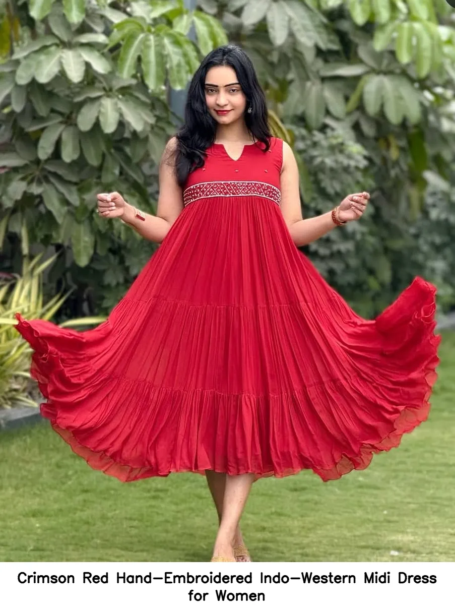Crimson Red Hand-Embroidered Indo-Western Midi Dress for Women