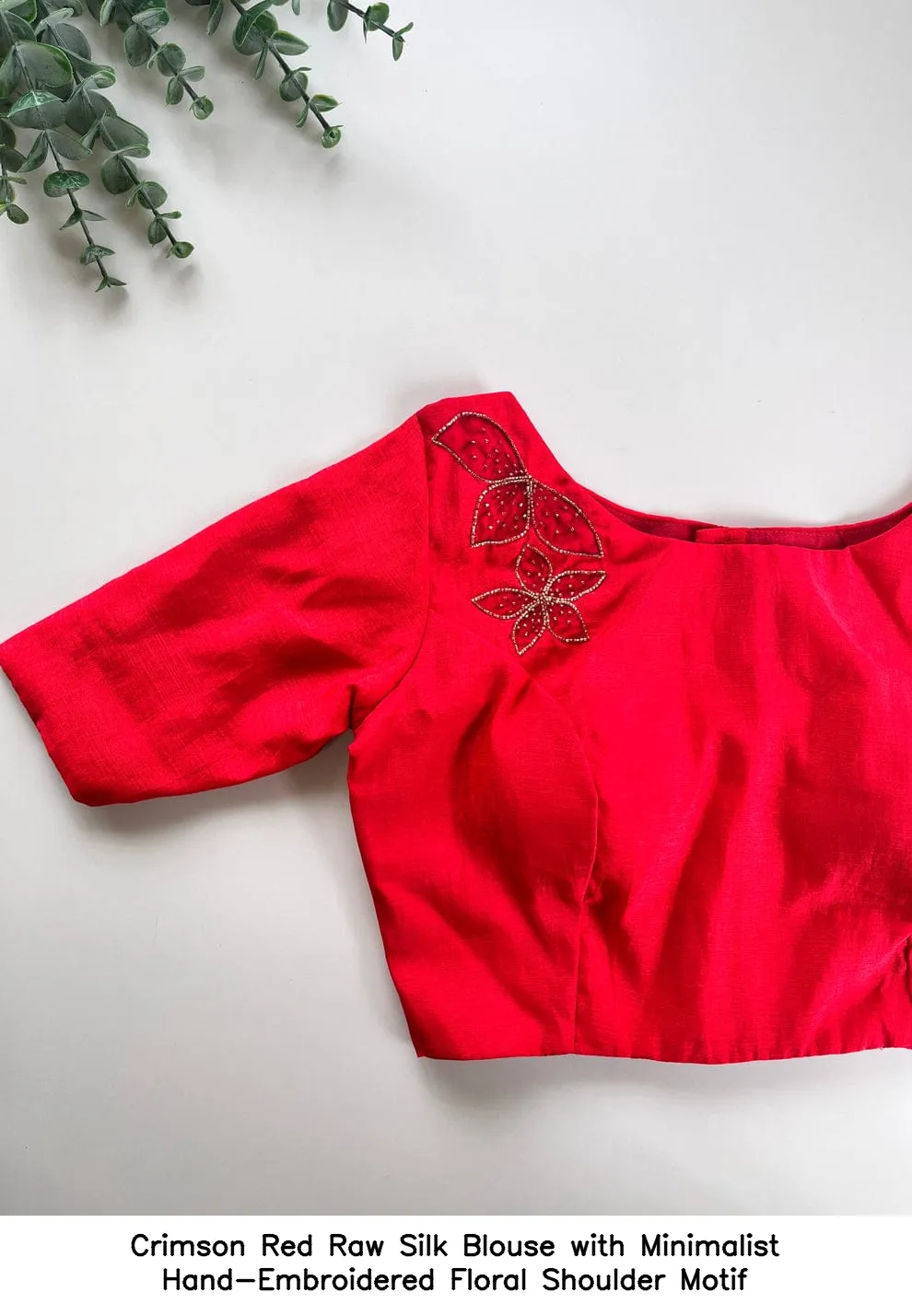 Crimson Red Raw Silk Blouse with Minimalist Hand-Embroidered Floral Shoulder Motif