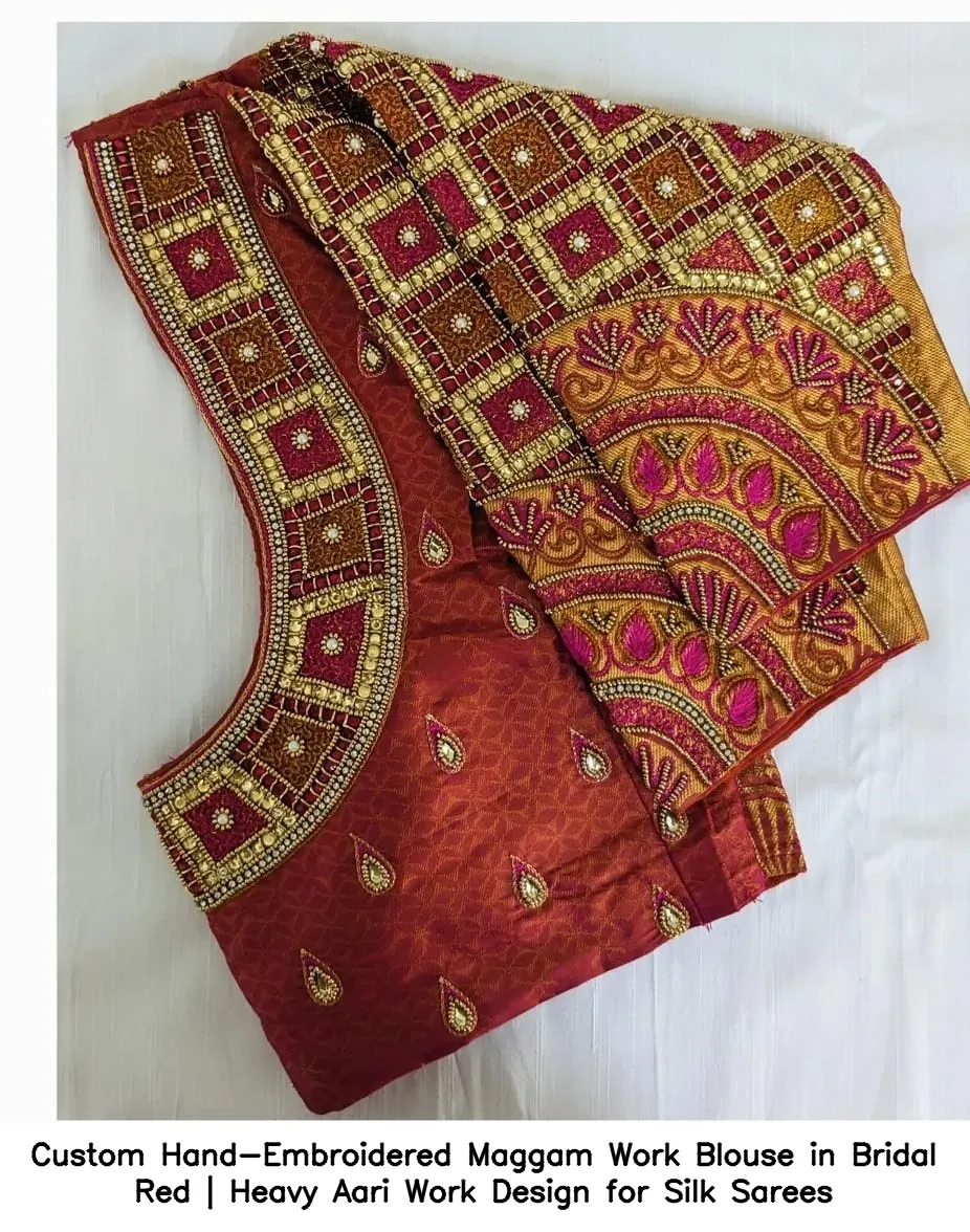 Custom Hand-Embroidered Maggam Work Blouse in Bridal Red | Heavy Aari Work Design for Silk Sarees