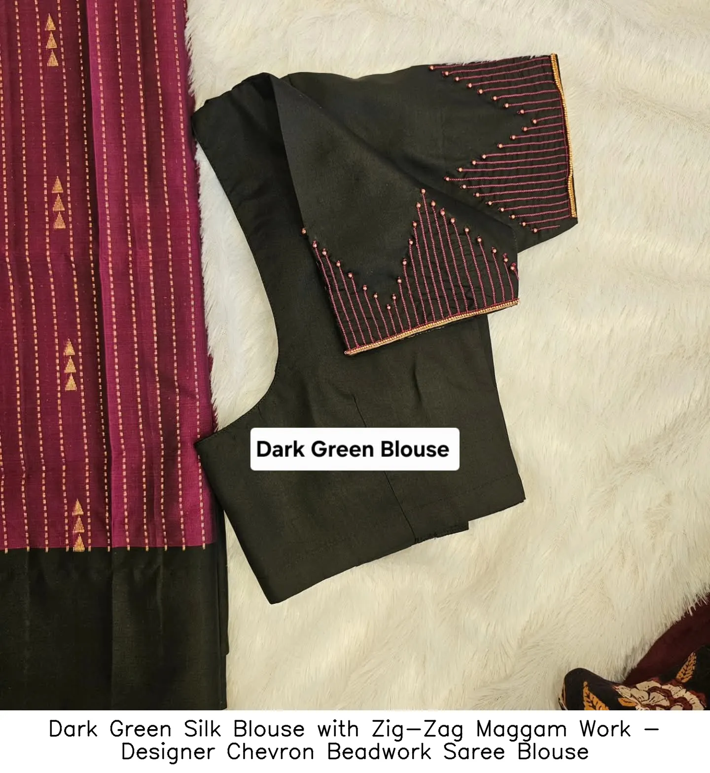 Dark Green Silk Blouse with Zig-Zag Maggam Work - Designer Chevron Beadwork Saree Blouse