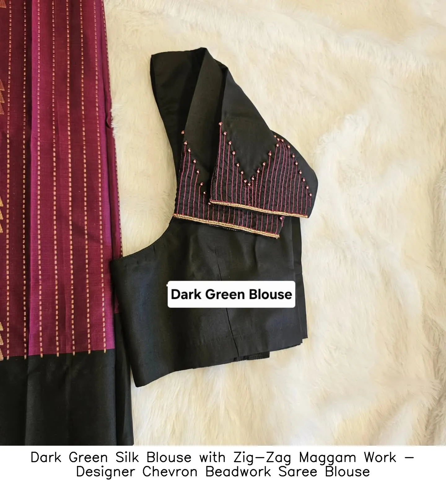 Dark Green Silk Blouse with Zig-Zag Maggam Work - Designer Chevron Beadwork Saree Blouse - Image 2