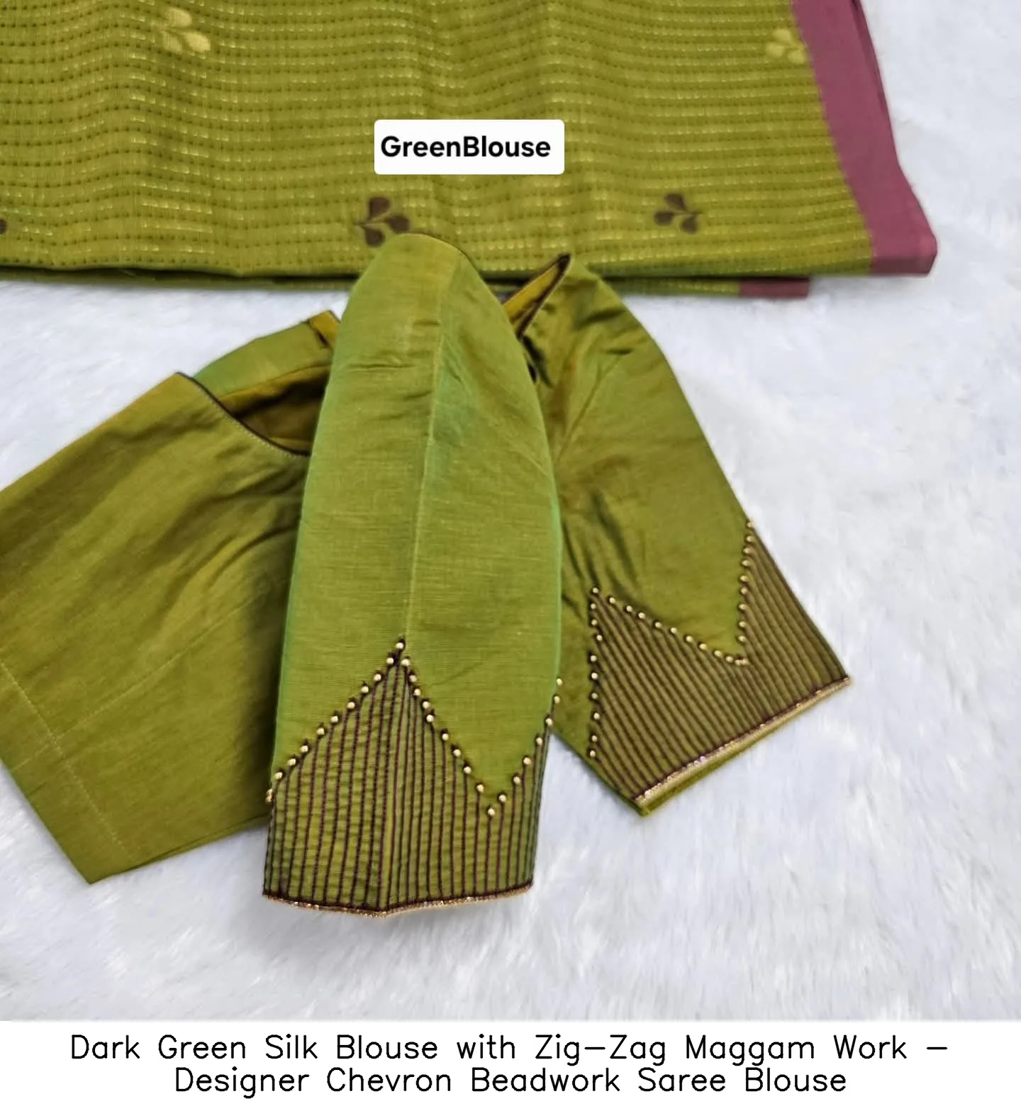 Dark Green Silk Blouse with Zig-Zag Maggam Work - Designer Chevron Beadwork Saree Blouse - Image 3