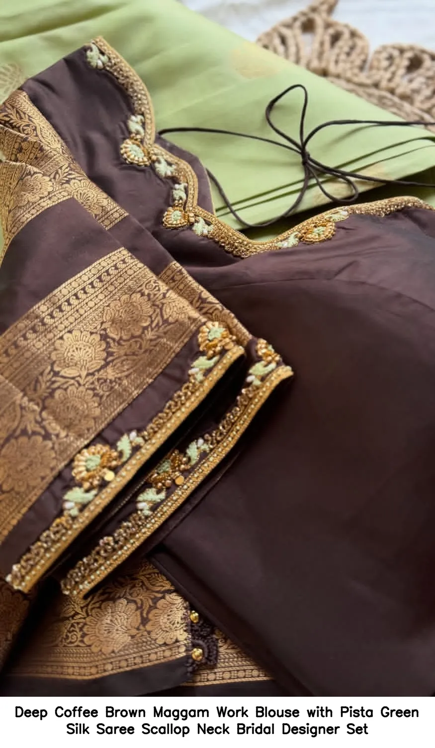 Deep Coffee Brown Maggam Work Blouse with Pista Green Silk Saree – Scallop Neck Bridal Designer Set