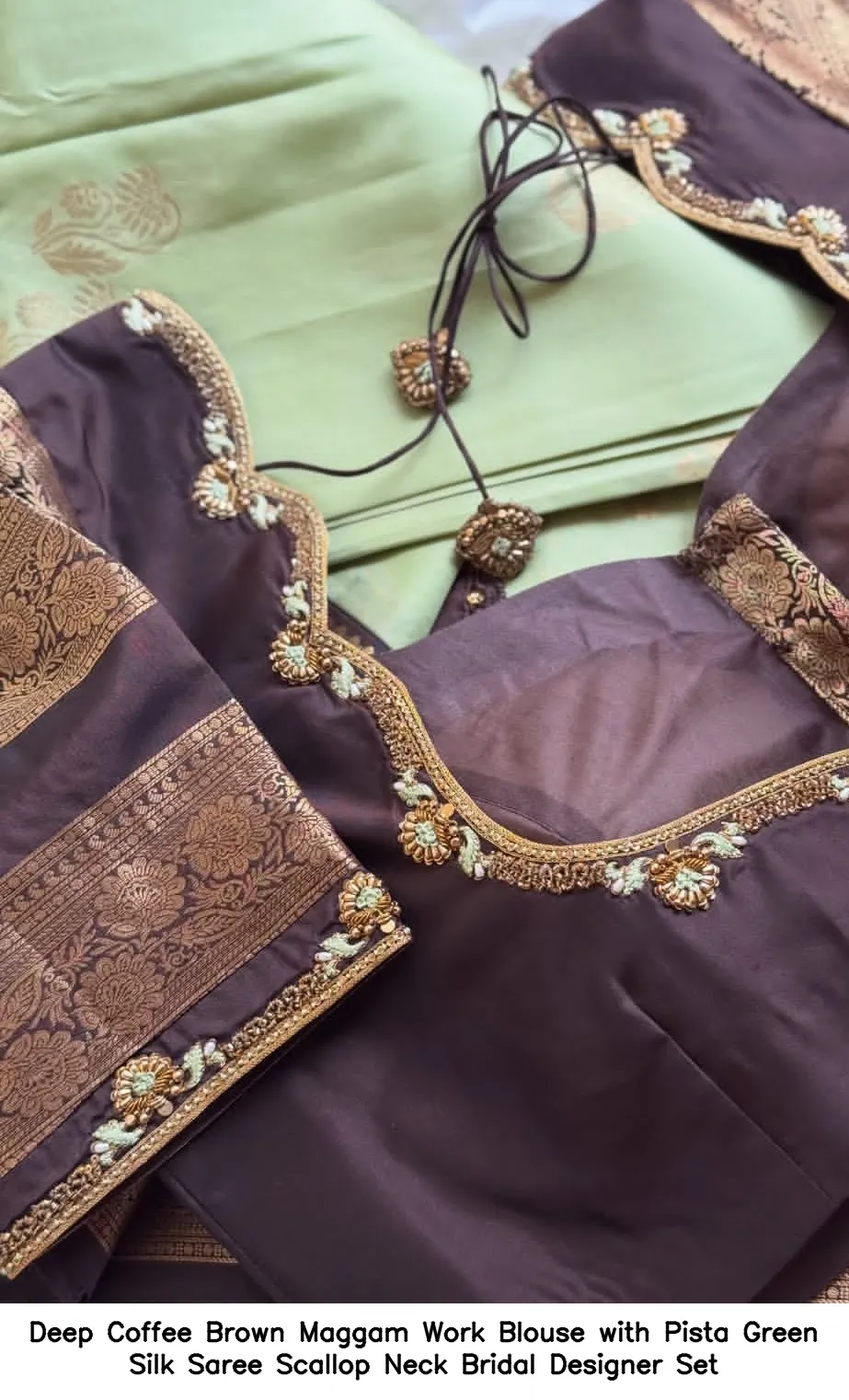Deep Coffee Brown Maggam Work Blouse with Pista Green Silk Saree – Scallop Neck Bridal Designer Set - Image 2