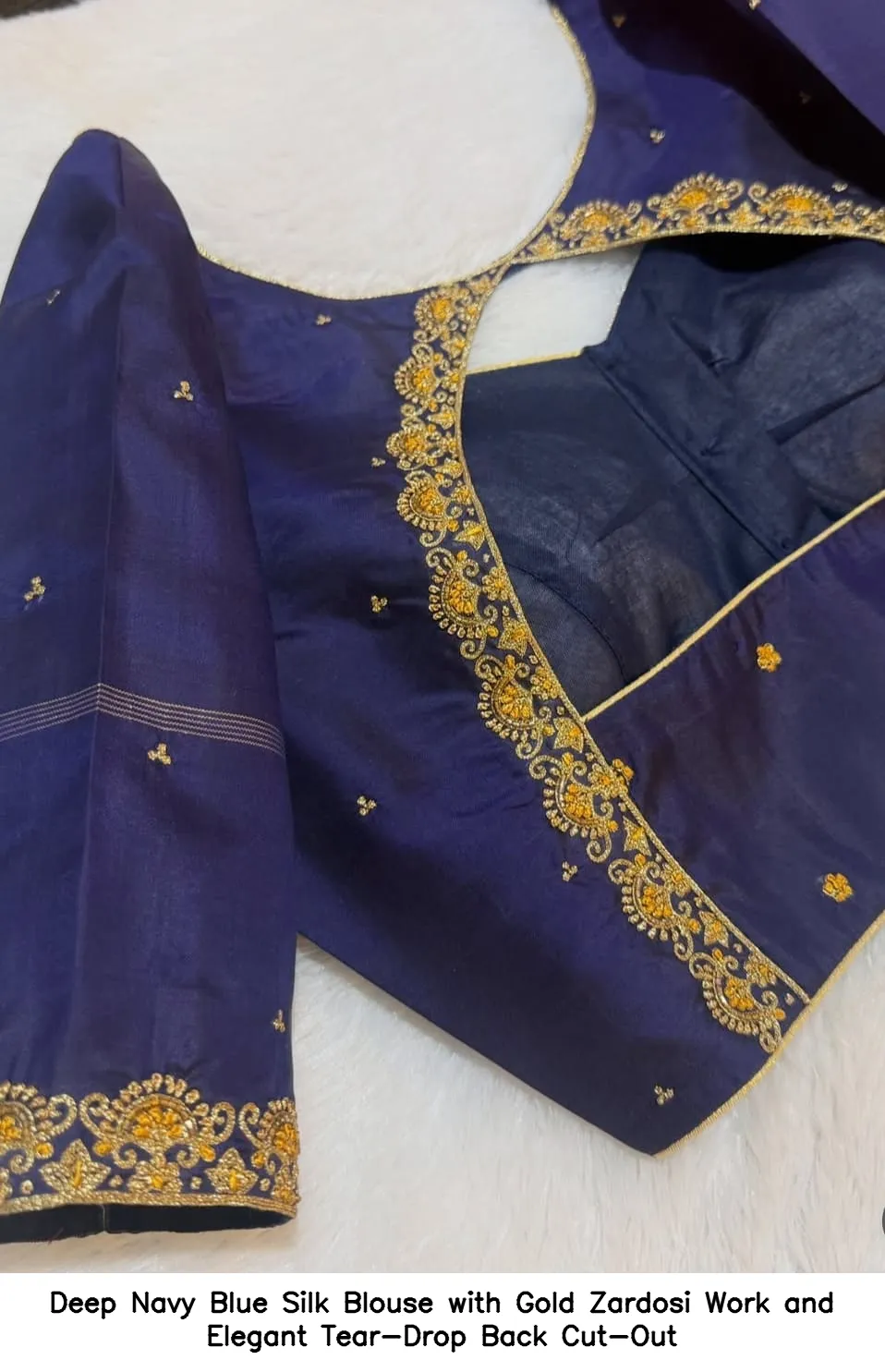 Deep Navy Blue Silk Blouse with Gold Zardosi Work and Elegant Tear-Drop Back Cut-Out