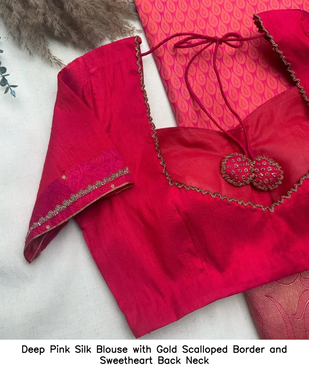 Deep Pink Silk Blouse with Gold Scalloped Border and Sweetheart Back Neck