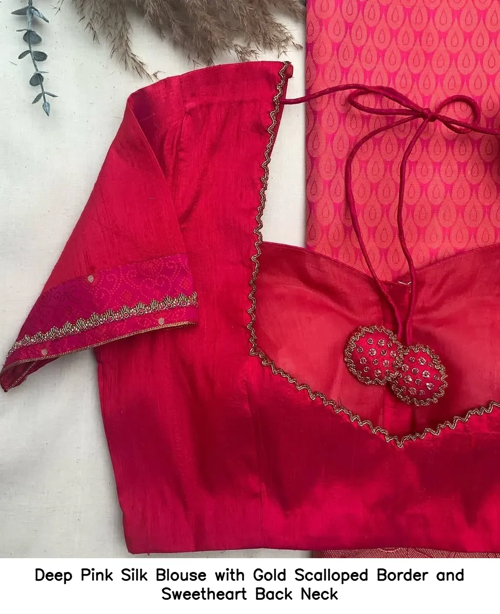 Deep Pink Silk Blouse with Gold Scalloped Border and Sweetheart Back Neck - Image 2