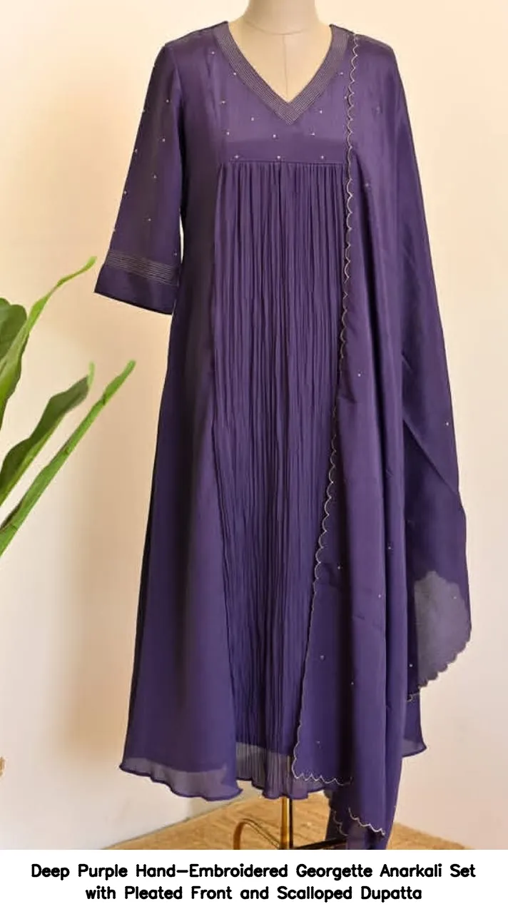 Deep Purple Hand-Embroidered Georgette Anarkali Set with Pleated Front and Scalloped Dupatta