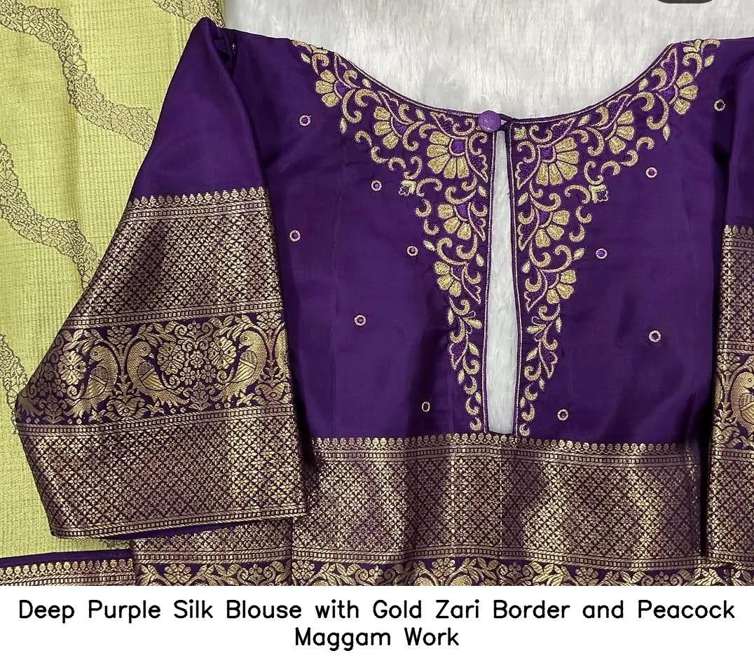 Deep Purple Silk Blouse with Gold Zari Border and Peacock Maggam Work