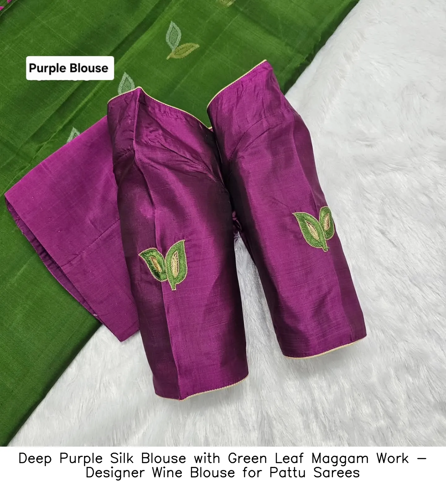 Deep Purple Silk Blouse with Green Leaf Maggam Work - Designer Wine Blouse for Pattu Sarees - Image 2