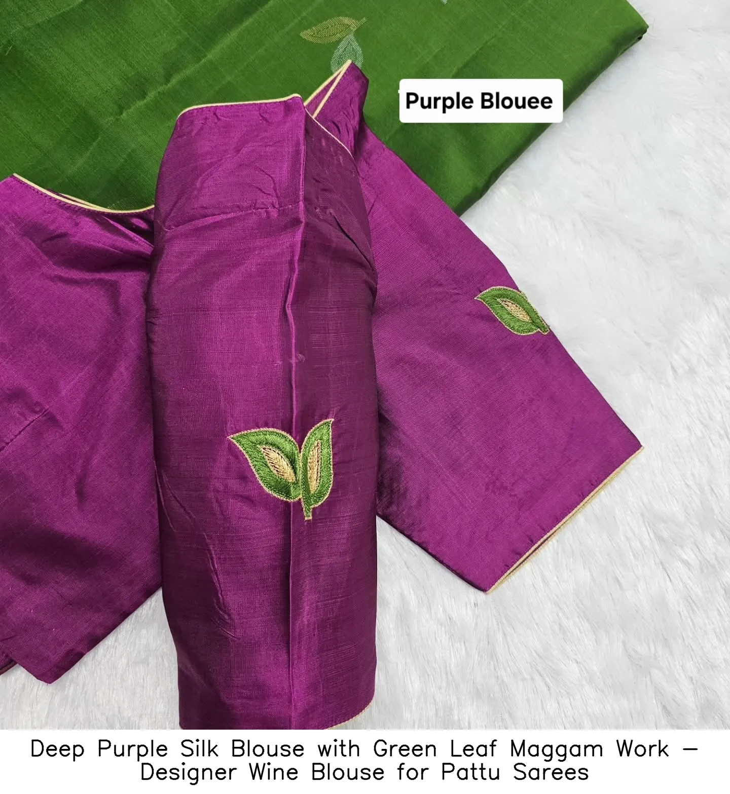 Deep Purple Silk Blouse with Green Leaf Maggam Work - Designer Wine Blouse for Pattu Sarees - Image 3