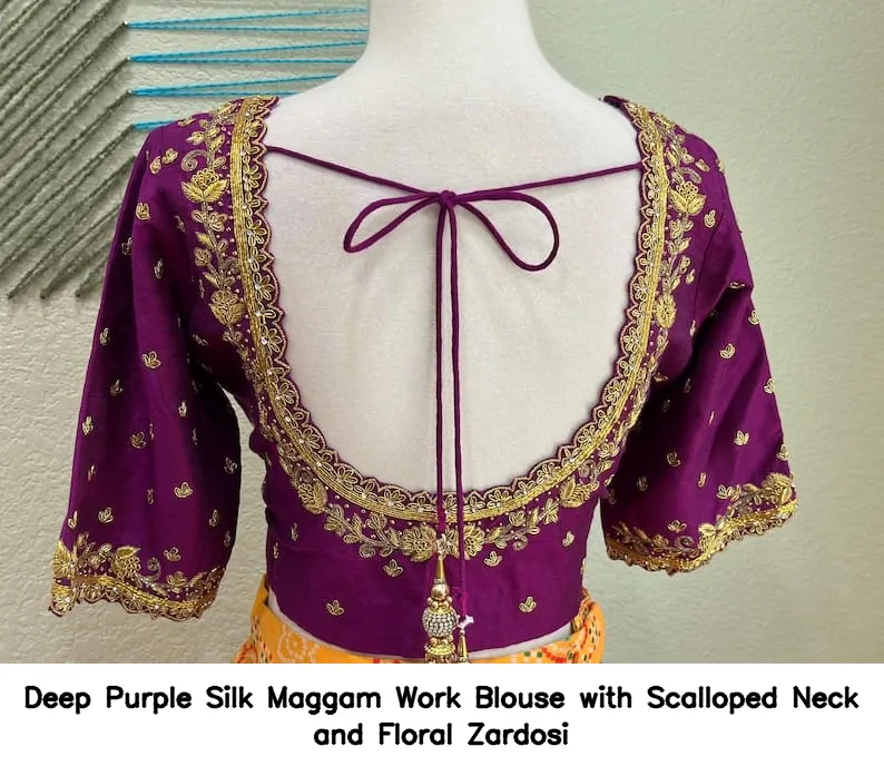 Deep Purple Silk Maggam Work Blouse with Scalloped Neck and Floral Zardosi