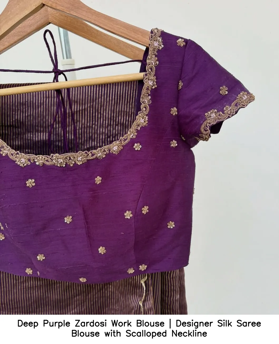 Deep Purple Zardosi Work Blouse | Designer Silk Saree Blouse with Scalloped Neckline