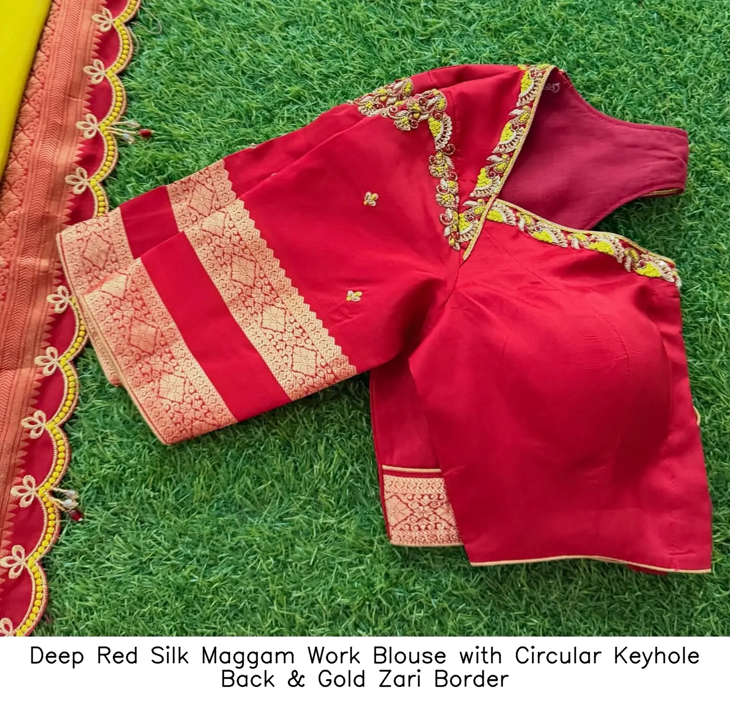 Deep Red Silk Maggam Work Blouse with Circular Keyhole Back & Gold Zari Border