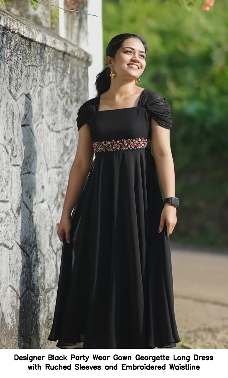 Designer Black Party Wear Gown – Georgette Long Dress with Ruched Sleeves and Embroidered Waistline
