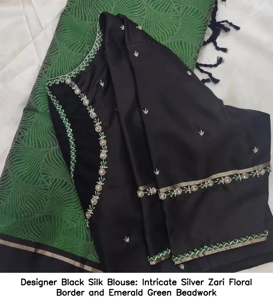 Designer Black Silk Blouse: Intricate Silver Zari Floral Border and Emerald Green Beadwork