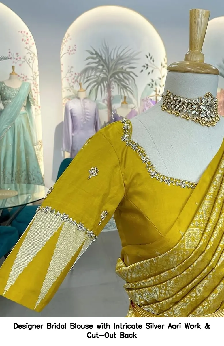 Designer Bridal Blouse with Intricate Silver Aari Work & Cut-Out Back