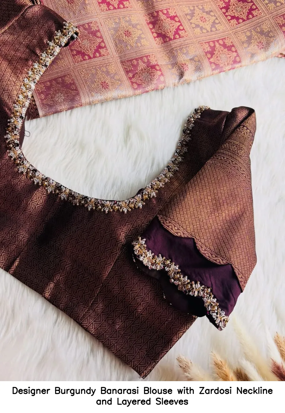 Designer Burgundy Banarasi Blouse with Zardosi Neckline and Layered Sleeves