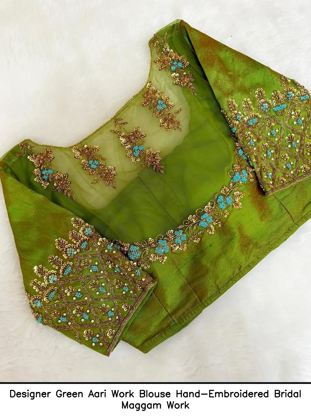 Designer Green Aari Work Blouse – Hand-Embroidered Bridal Maggam Work