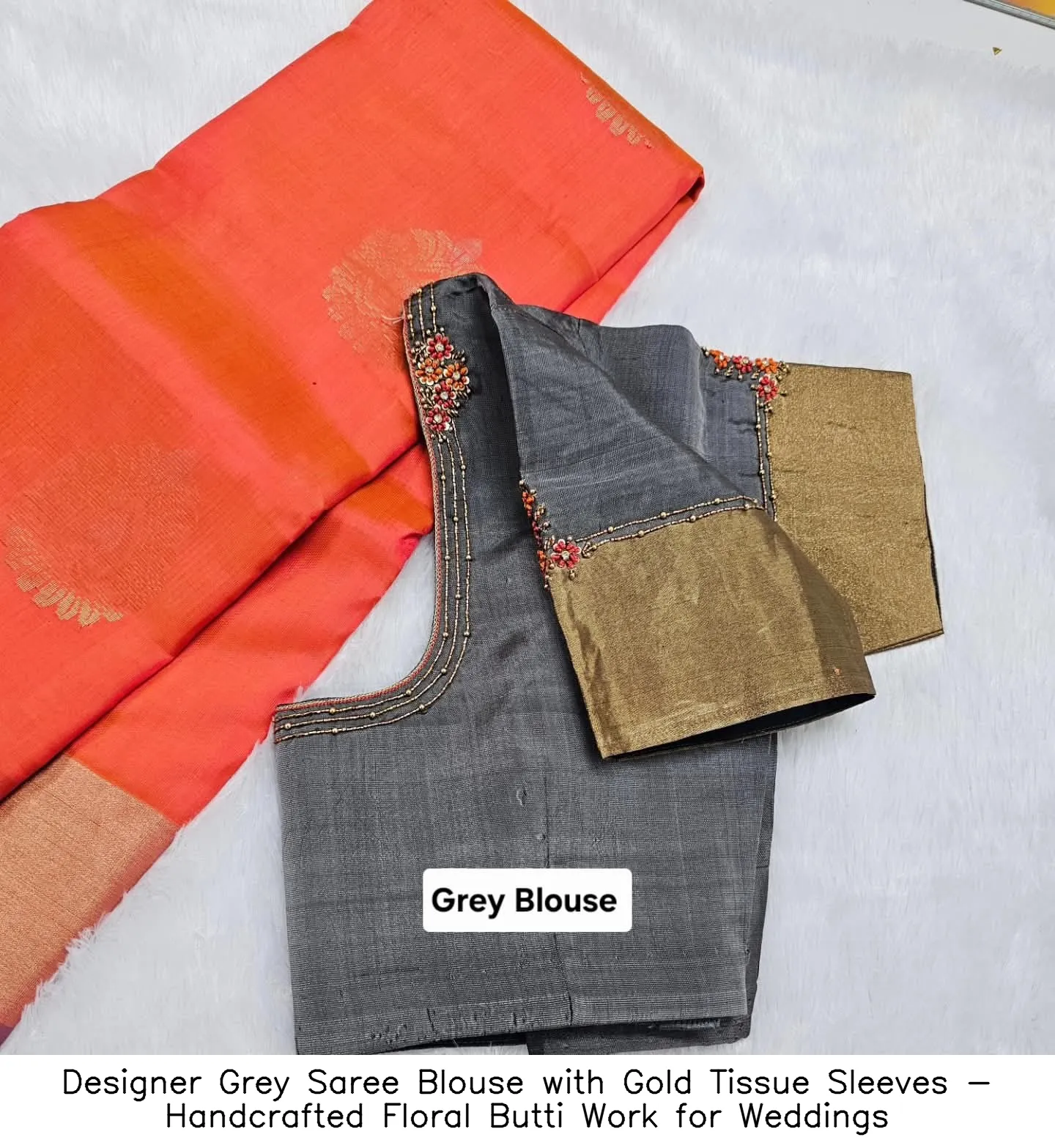 Designer Grey Saree Blouse with Gold Tissue Sleeves - Handcrafted Floral Butti Work for Weddings