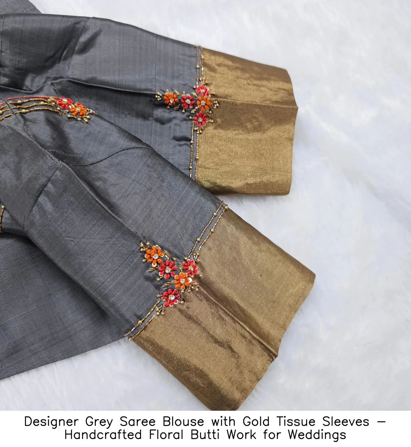 Designer Grey Saree Blouse with Gold Tissue Sleeves - Handcrafted Floral Butti Work for Weddings - Image 2