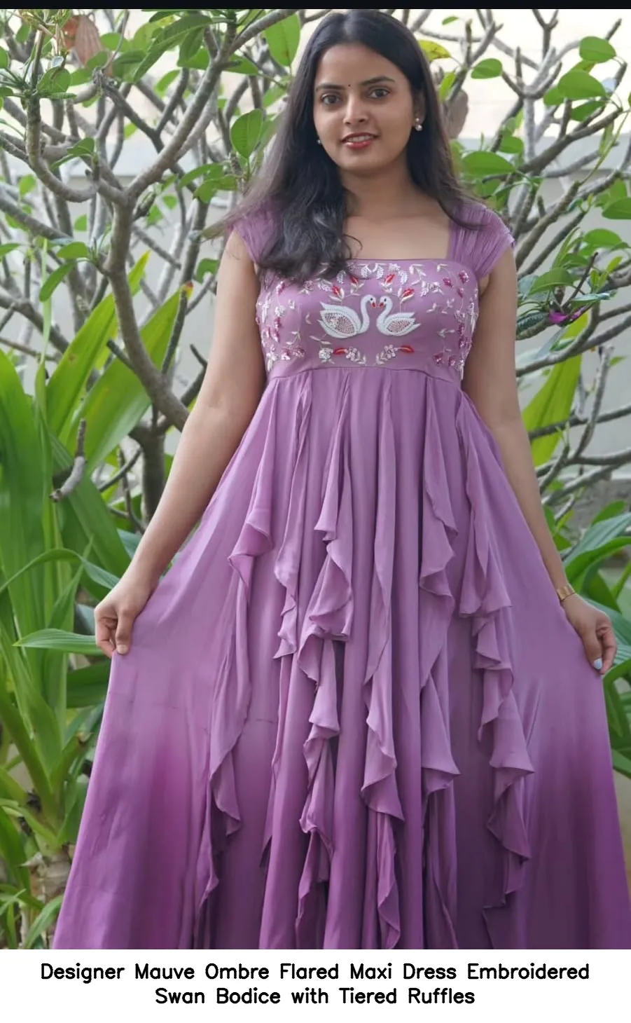 Designer Mauve Ombre Flared Maxi Dress – Embroidered Swan Bodice with Tiered Ruffles