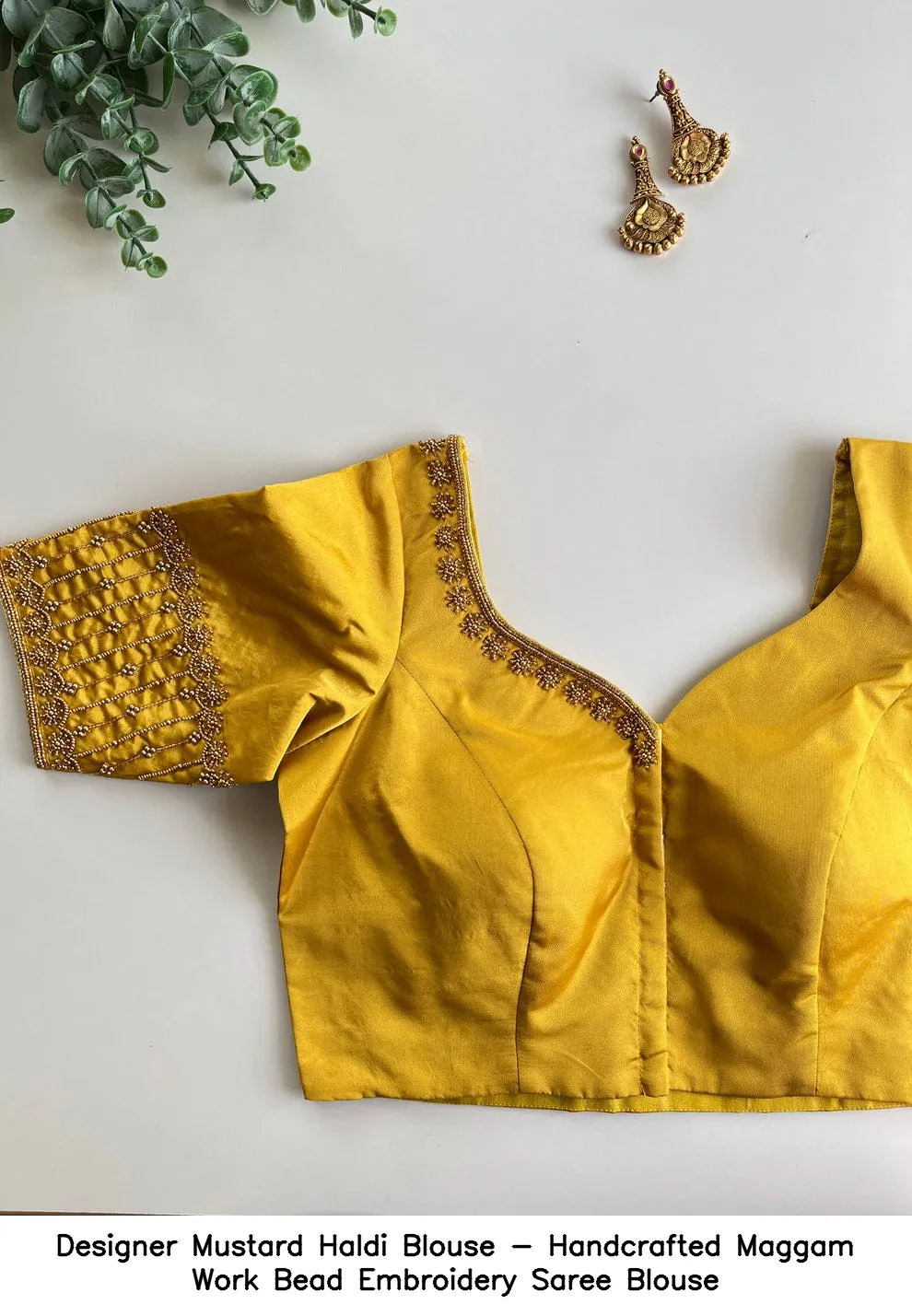 Designer Mustard Haldi Blouse - Handcrafted Maggam Work Bead Embroidery Saree Blouse