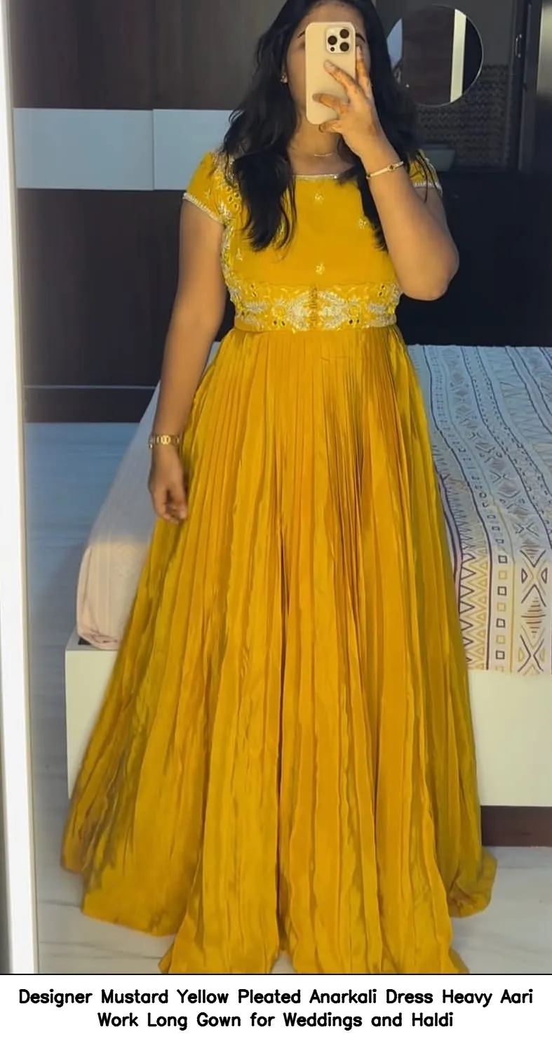 Designer Mustard Yellow Pleated Anarkali Dress  Heavy Aari Work Long Gown  for Weddings and Haldi