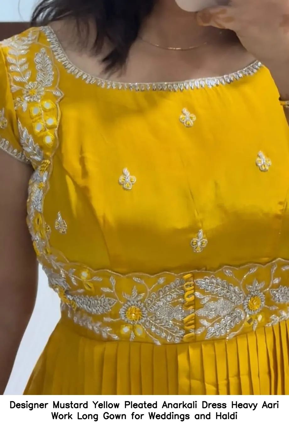 Designer Mustard Yellow Pleated Anarkali Dress – Heavy Aari Work Long Gown for Weddings and Haldi