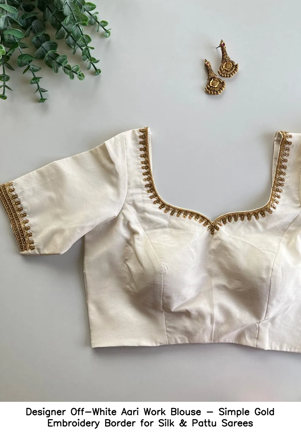 Designer Off-White Aari Work Blouse - Simple Gold Embroidery Border for Silk & Pattu Sarees
