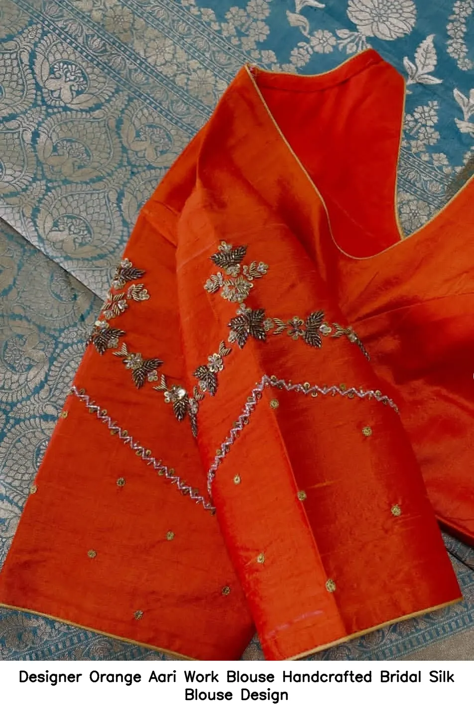 Designer Orange Aari Work Blouse – Handcrafted Bridal Silk Blouse Design
