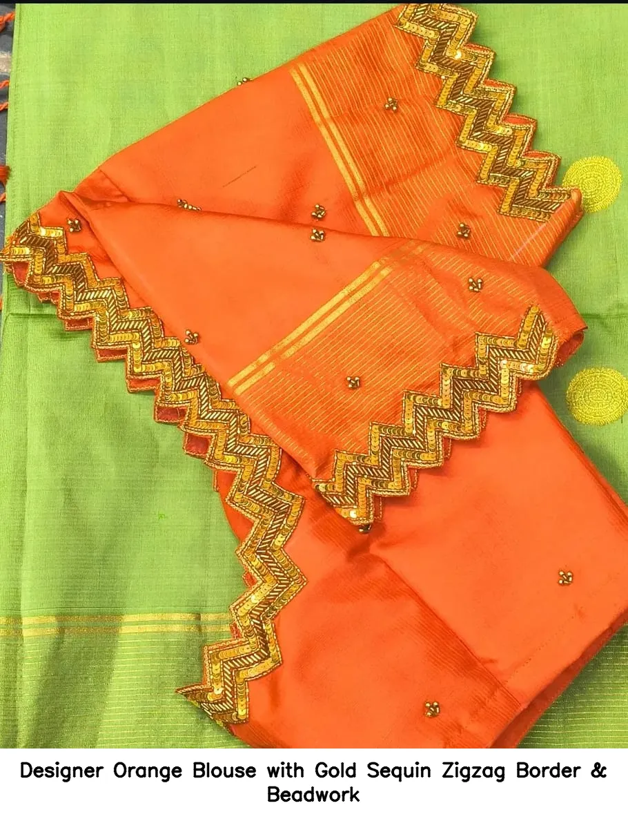 Designer Orange Blouse with Gold Sequin Zigzag Border & Beadwork