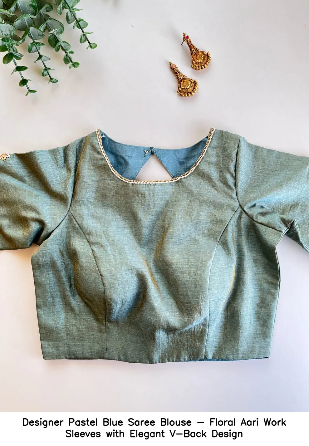 Designer Pastel Blue Saree Blouse - Floral Aari Work Sleeves with Elegant V-Back Design