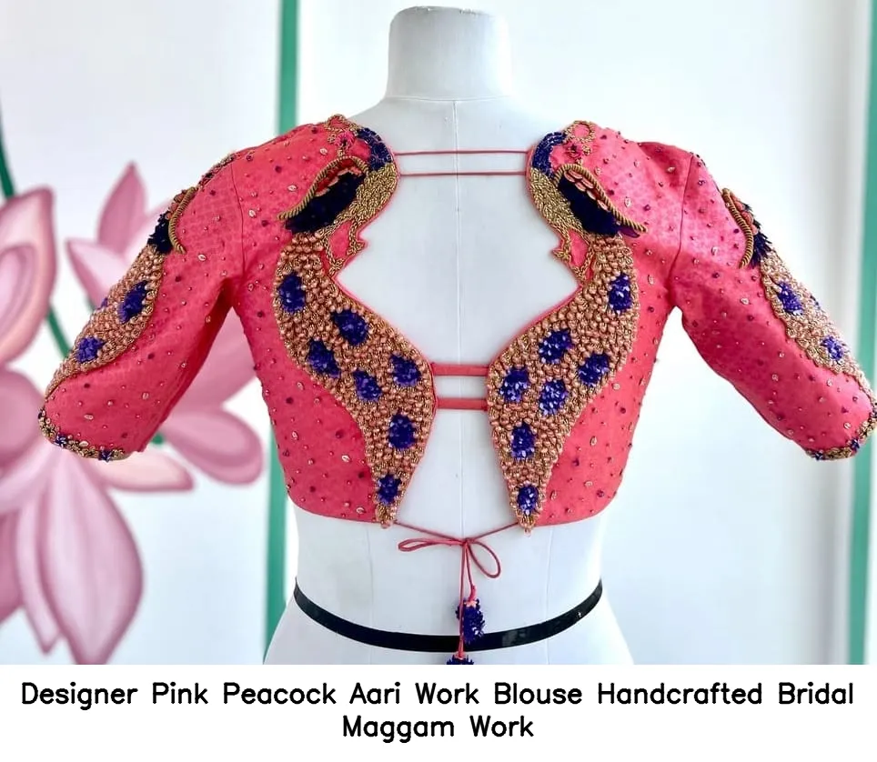 Designer Pink Peacock Aari Work Blouse – Handcrafted Bridal Maggam Work