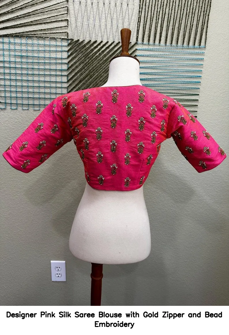 Designer Pink Silk Saree Blouse with Gold Zipper and Bead Embroidery
