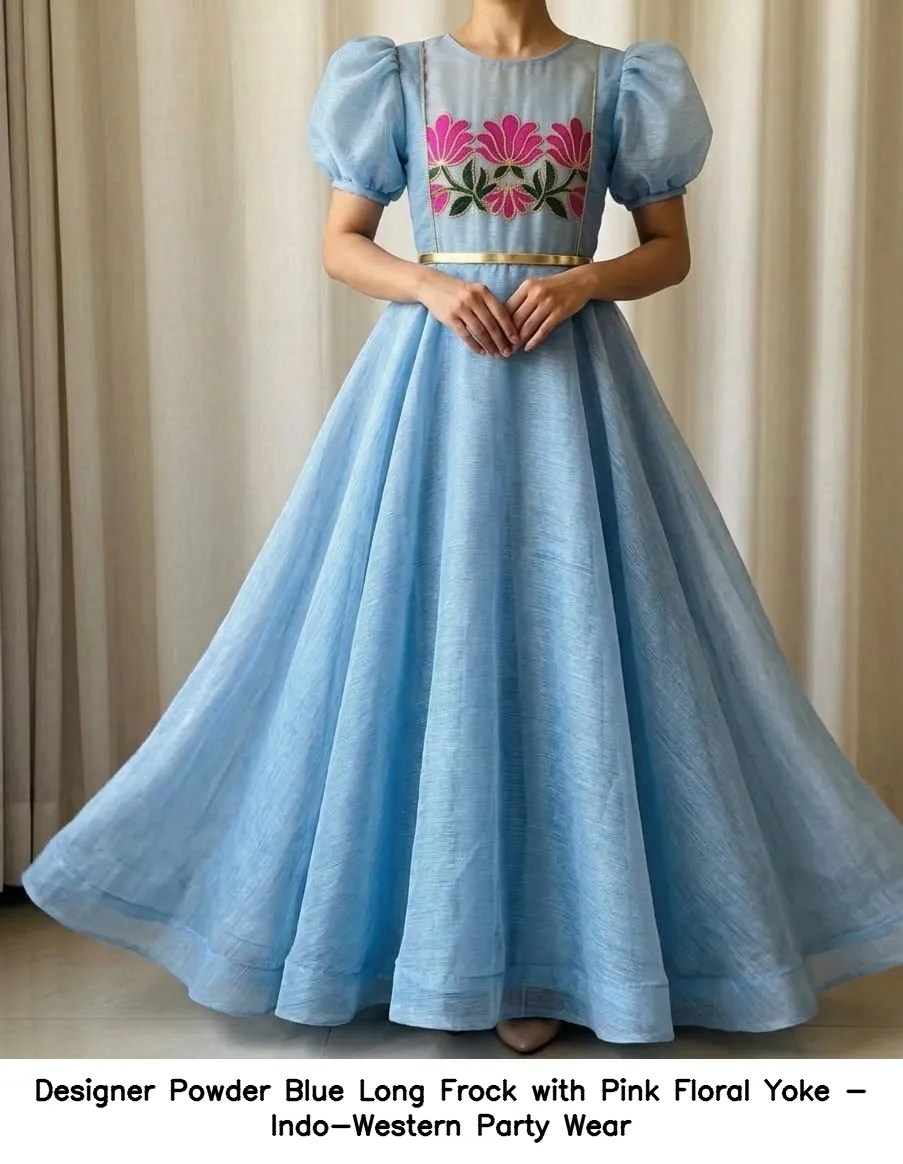 Designer Powder Blue Long Frock with Pink Floral Yoke - Indo-Western Party Wear